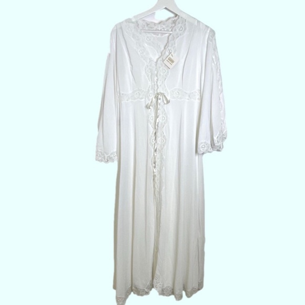 Vintage Italian Bridal Peignoir Set Nightgown Robe White Lace Trim Gafer NOS, M